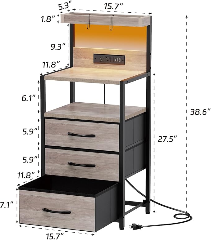 SZLHANJZ Night Stand with Charger Station, 3 Drawers Nightstand with Storage and LED Lights, Shelves, and Hooks, Bed Side End Table for Bedroom Dorm, Greige