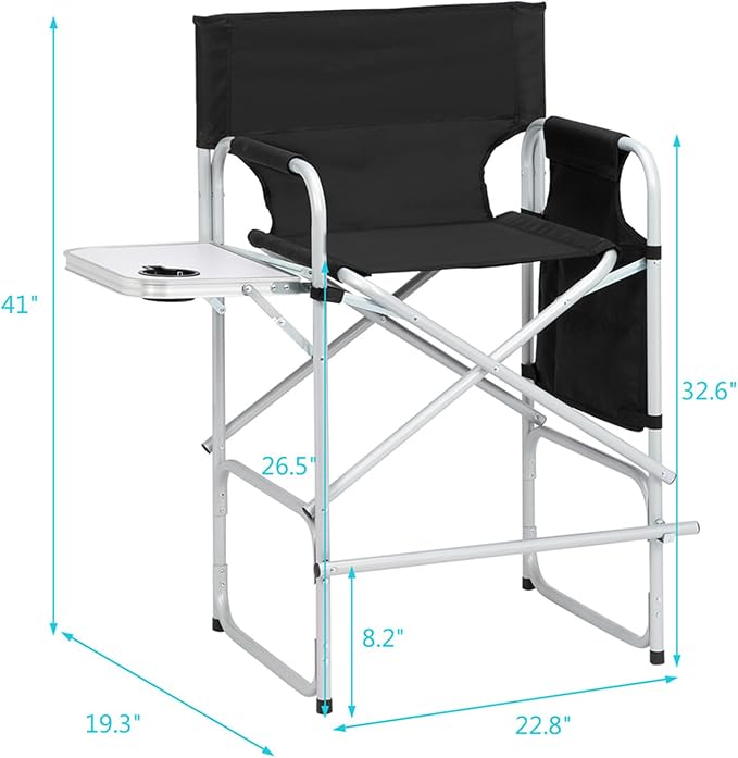 Tall Directors Chairs Foldable Makeup Artist Chair Seat Height 26.5 inches Heavy Duty Folding Camping Chair Outdoor Portable Director Chair with Side Table Storage Bag Cup Holder Footrest,Black