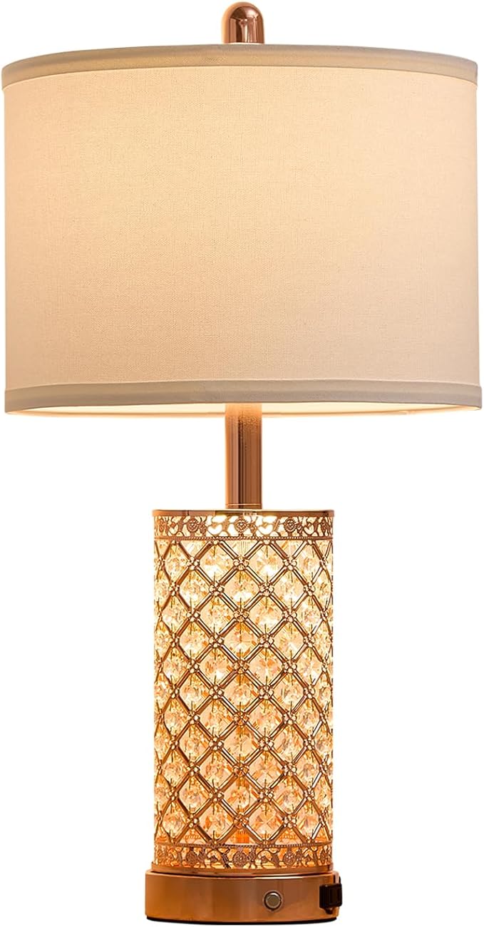 SAIWEYA Crystal Table Lamps 3-Way Dimmable Bedroom Lamp with 2 USB Ports & AC Outlets for Living Room Retro Bedside Nightstand Lamp Night Light (Rose Gold- 1 Pack 24In)