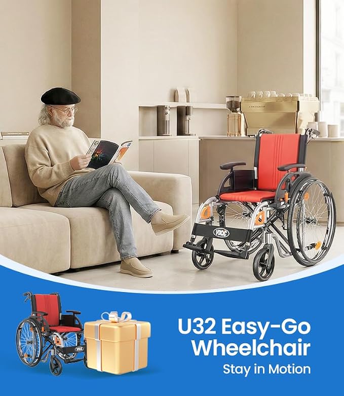 VOCIC Ultra Lightweight Wheelchair for Adults, 23lb Frame Portable Foldable Self-Propelled Wheelchairs for Seniors with Quick Release Wheels, Swing-Away Footrests,Flip-Back Arm, 300 lbs Red