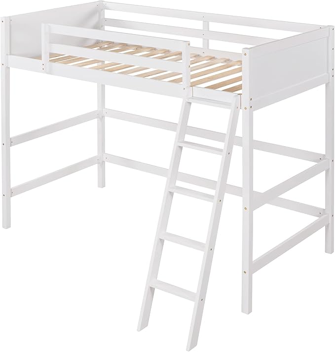 Merax Twin Modern Kids Loft Bed with Ladders Wood Loft Bunk Bed for Juniors/Easy Assemble/Space Saving White