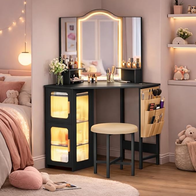 LVSOMT Corner Vanity Desk with Mirror and Lights, Makeup Vanity with Charging Station, Dressing Table with 3 Lighting Options, Vanity Set with Stool, Women’s Vanity for Bedroom, Black