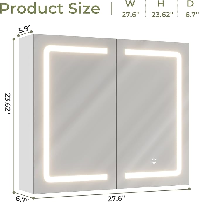 DICTAC Bathroom Medicine Cabinet with Mirrors and Led Lights 27.6x23.62 inch Double Doors Wall Mounted Mirror Cabinet with Storage Organizer Lighted Medicine Cabinets with Adjustable Shelves,White