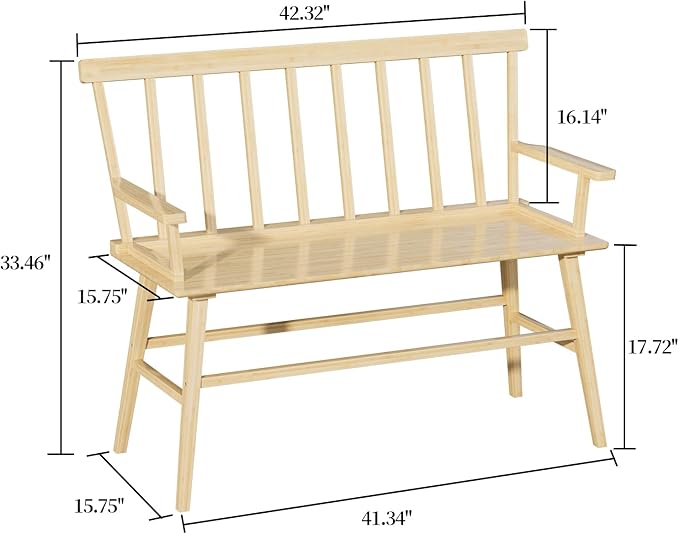 Dining Bench for Kitchen & Dining Room – Bamboo Wood Bench with Spindle Back & Armrests, Farmhouse Entryway Bench, Indoor Bedroom Bench, Versatile Entry Bench & Outdoor Bench Seating（Natural with Arm）