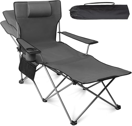 apollo walker Reclining Beach Chair, Adjustable 90-135° Backrest Camping Lounge Chairs for Adults, Folding Chair with Foot Rest & Detachable Pillow - Standard 6-Leg, Grey
