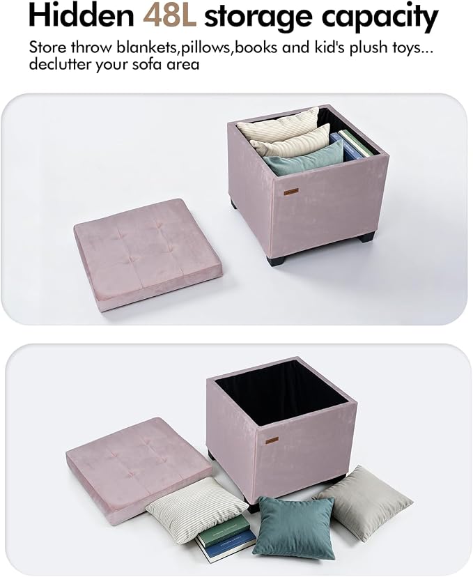 ABHENG 17.7 inches Velvet turfed Ottomans Cube with Legs, Metal-Framed Square Storage Ottoman Foot Rest Stool Holds 770 LB for Dorm Living Room Bedroom Pink UASND64P
