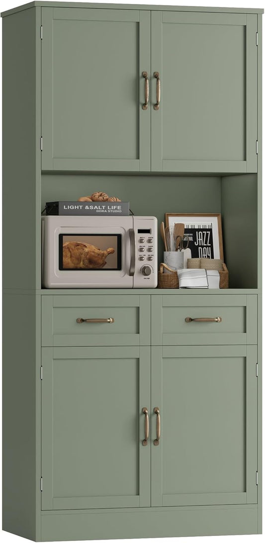 HOSTACK 71“ Tall Kitchen Pantry Storage Cabinet, Modern Kitchen Hutch Bar Cabinet with Microwave Stand, Wood Buffet Sideboard with Hutch, Cupboard with Drawers, Shelves for Dining Room, Green