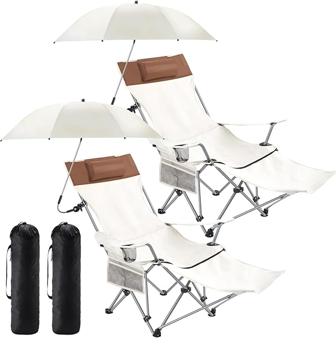 Yuntau 2 Set Reclining Beach Chairs with UPF 50+ Umbrellas Shade, Upgraded Heavy Duty Portable Folding Lounge Camping Chair with Canopy Removable Footrest & Headrest for Outdoor Patio(White)