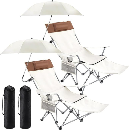 Yuntau 2 Set Reclining Beach Chairs with UPF 50+ Umbrellas Shade, Upgraded Heavy Duty Portable Folding Lounge Camping Chair with Canopy Removable Footrest & Headrest for Outdoor Patio(White)