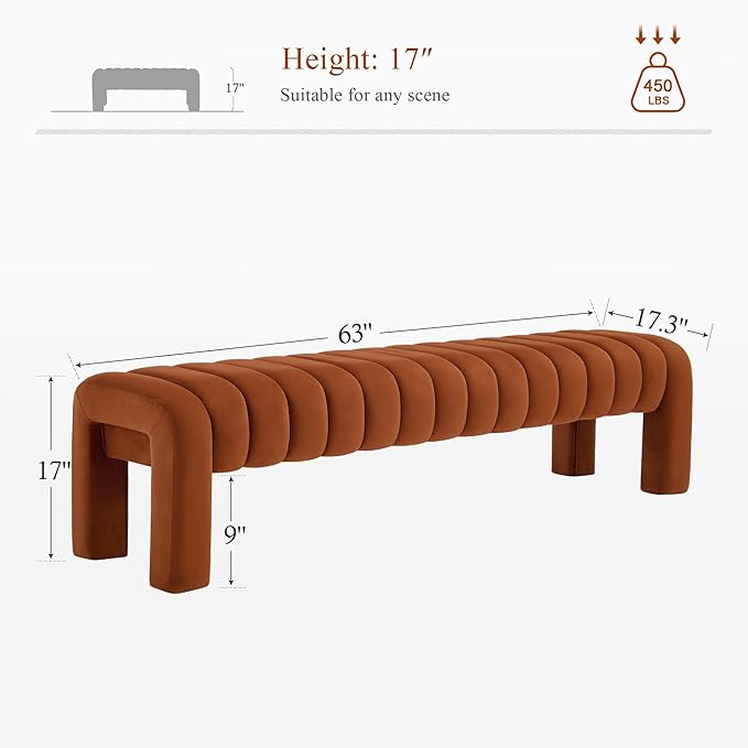 63’’ Bedroom Bench, Upholstered End of Bed Bench with Solid Wood Legs, Modern Long Dining Bench with Full Covered Fabrics for Entryway, Bedroom, Living Room (Brown, Velvet)