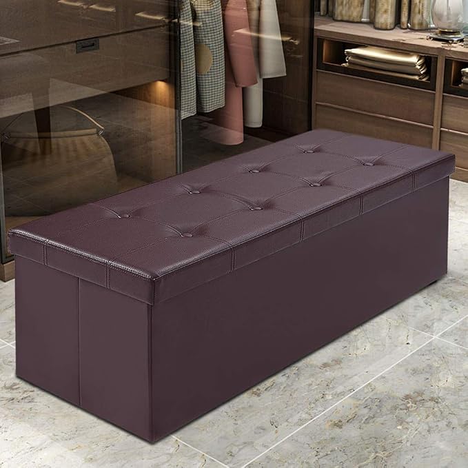 Folding Storage Ottoman Bench, 45" Large Ottoman Space-Saving Bench,Faux Leather Storage Chest with Memory Foam,Footrest Padded Stool Seat for Bedroom Toy Chest, Brown,Leather