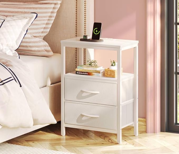 Huuger Nightstand with Charging Station, Side Table with 2 Fabric Drawers, End Table with Open Shelf, Bedside Table with USB-C Port and Outlets, Night Stand, PU Leather, White