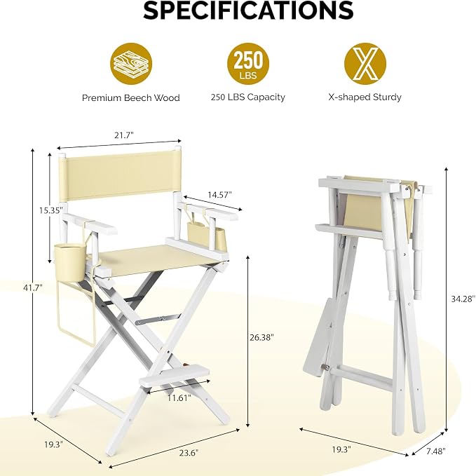 OmySalon 26" H Tall Directors Chair, Wooden Portable Folding Makeup Chair w/Storage Pouch & Footrest, Professional for Salon/Events/Mobile Services, 250lb Capacity, Beige Canvas