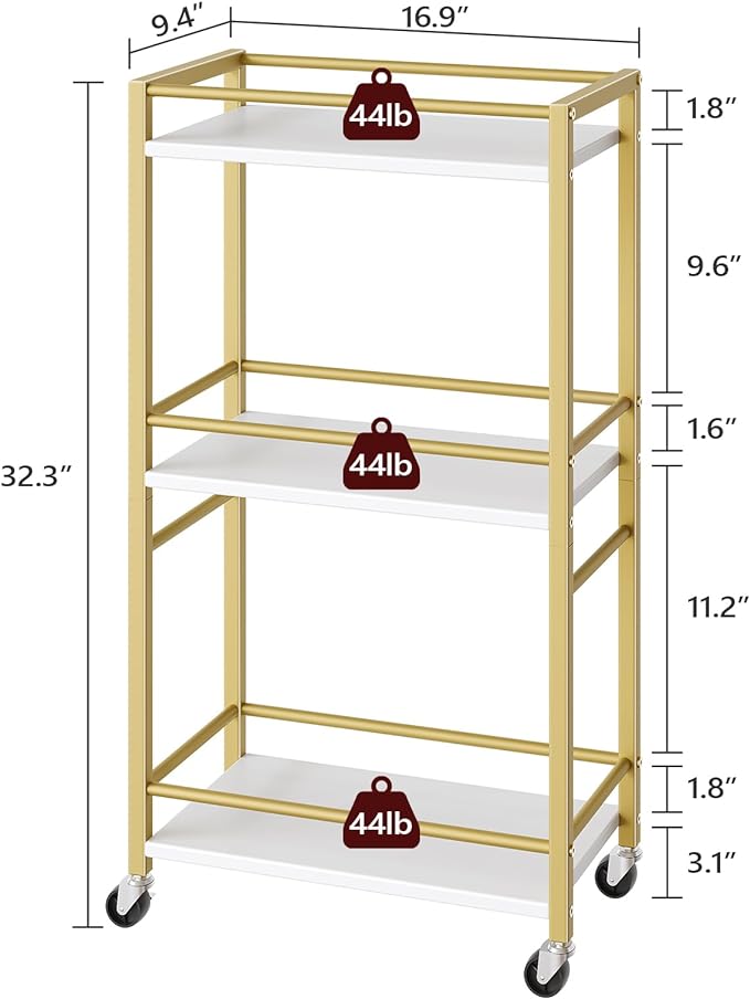 MAHANCRIS Bar Cart for The Home, 3-Tier Drink Cart on Wheels, Home Bar Serving Cart, Mini Bar Cart for Small Space, Rolling Kitchen Carts for Bar, Kitchen, Dining Room, Gold RCJW4001