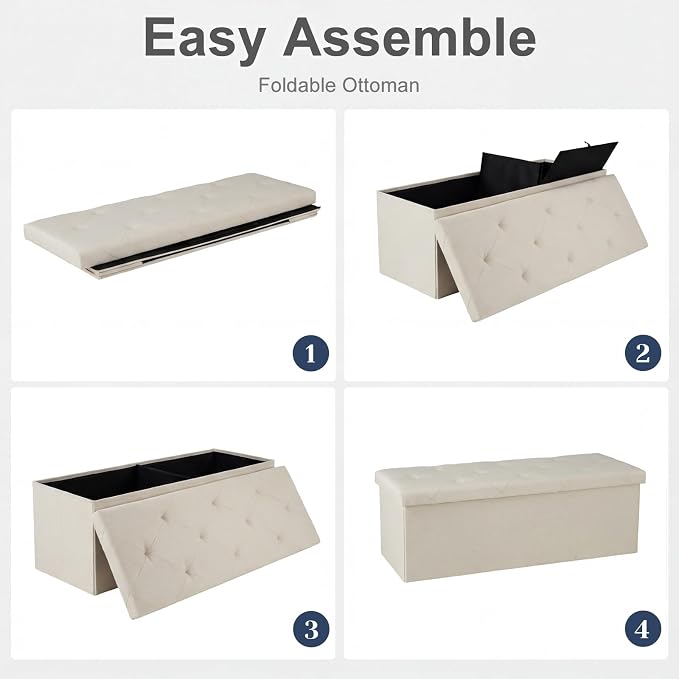 DUMOS 43 Inch Folding Storage Ottoman Bench, Spacious Hidden Organizer with Foam Cushioned Top, End of Bed Foot Rest Stool for Bedroom Living Room Entryway, Supports Up to 660 LBS, Linen Fabric, Beige
