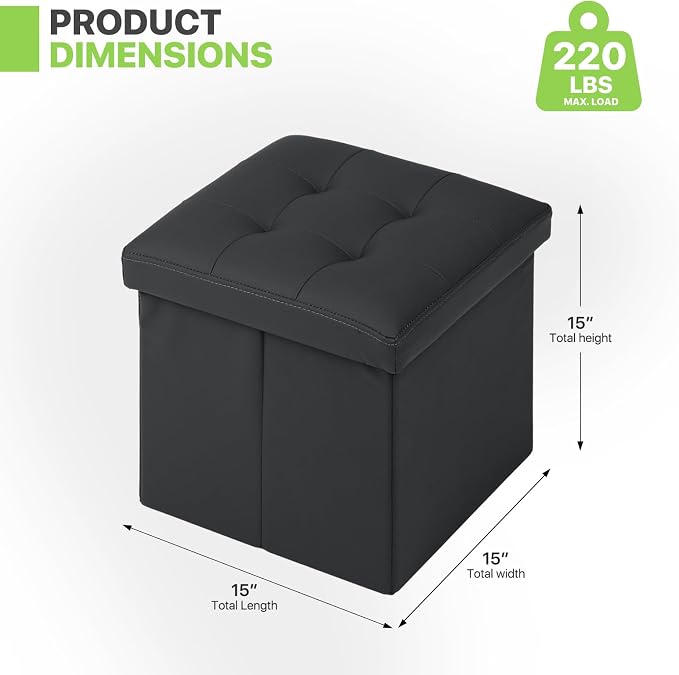 Magshion Folding Ottoman Cube, 15 x 15 x 15 Inches PU Leather Footrest Stool, Small Square Ottoman with Hidden 42L Storage for Entryway, Living Room, Dorm, Bedroom, Black