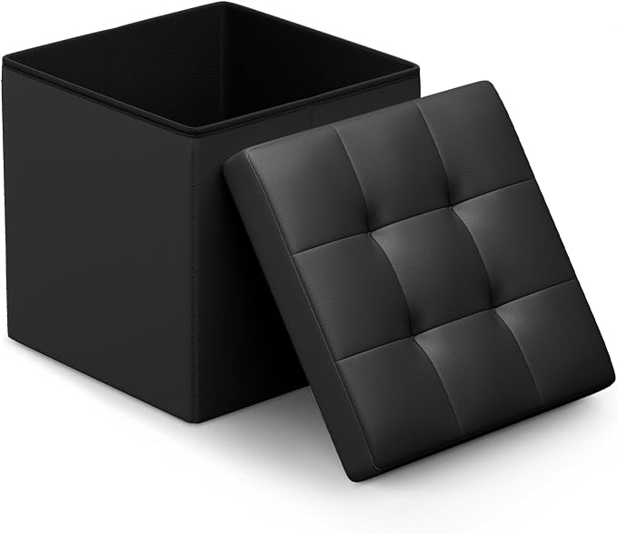 Athena Collection Leather Square Ottoman with Storage, 15 Inch Small Storage Ottoman, Multipurpose Footstool Foot Rest for Living Room, Bedroom, Dorm, Black