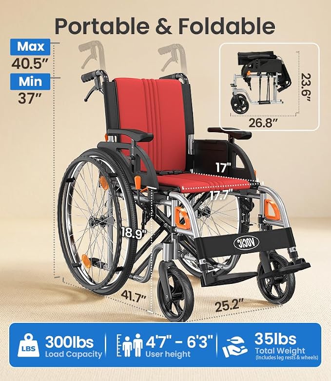VOCIC Ultra Lightweight Wheelchair for Adults, 23lb Frame Portable Foldable Self-Propelled Wheelchairs for Seniors with Quick Release Wheels, Swing-Away Footrests,Flip-Back Arm, 300 lbs Red