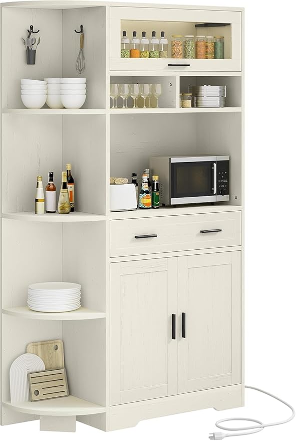 YITAHOME Kitchen Pantry Storage Cabinet, 67" Tall Kitchen Hutch with Outlet & Door & Shelves & Drawer, Farmhouse Wooden Microwave Stand Buffet Coffee Bar for Home Living Dining Room, Off-White