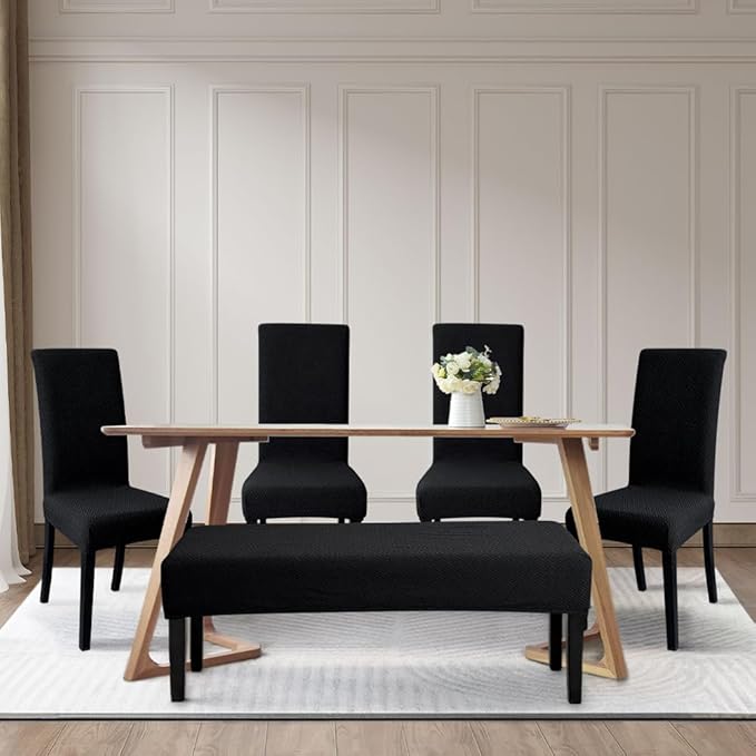 FORCHEER Dining Chair Covers and Bench Covers Set Waterproof Black Jacquard 4 Dining Room Chair and Bench Slipcover Washable