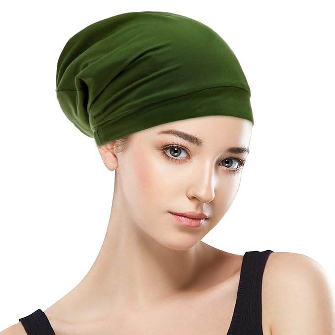 Silk Satin Lined Bonnet Sleep Cap - Adjustable Stay on All Night Hair Wrap Cover Slouchy Beanie for Curly Hair Protection for Women and Men - Solid Olive Green