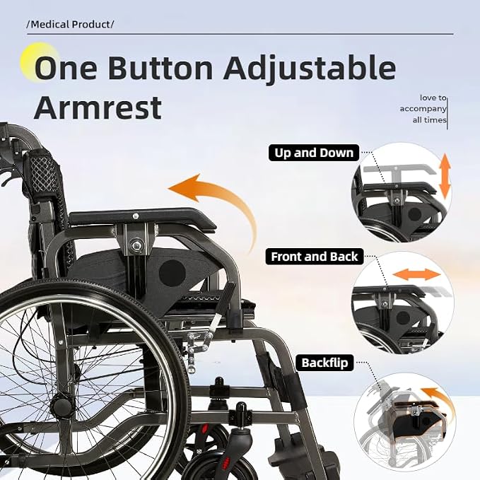 Lightweight Foldable Wheelchair for Adults - Aluminum Frame with Square Tube Design, 18" Seat & 22" PU Wheels, Front/Rear Locking Brakes, Nanometer Grey