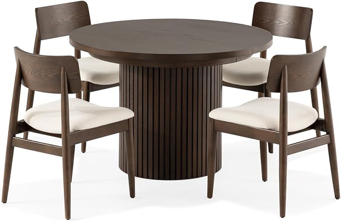 Transformer Table - Solid Wood Extendable Round Dining Table Set with 4 Chairs, Seats 4-10, Extendable Round Dining Set, Dark Brown (Table + 4 Chairs)