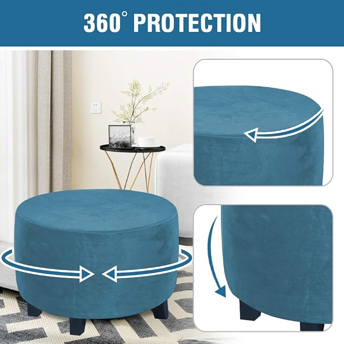 H.VERSAILTEX Round Ottoman Slipcover Ottoman Covers Slipcover Footstool Protector Covers Storage Stool Ottoman Covers Stretch with Elastic Bottom, Real Velvet Plush Fabric (Medium, Peacock Blue)