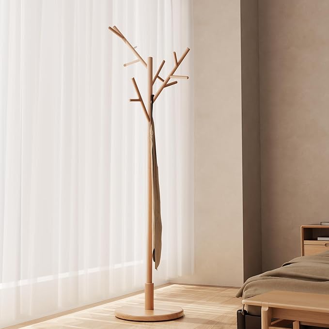 Muwuele Coat Rack,Solid Wood Coat Rack Freestanding with 12 Hooks,Coat tree freestanding 3 Adjustable Heights for coat, Hats, Handbags，Coat Stand for Entryway,Bedroom (Natural)