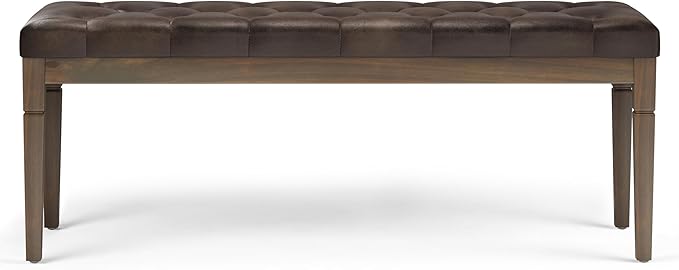 SIMPLIHOME Waverly Tufted Ottoman Bench - 48 inch Wide Upholstered Vegan Leather Rectangle Footstool Ottoman in Distressed Brown, Traditional Bench for Bedroom or Living Room with Carved Legs