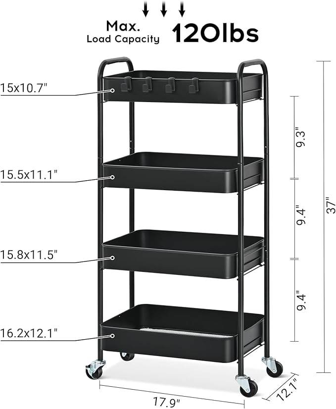 TOOLF 4-Tier Rolling Cart - Metal Storage Organizer with Lockable Wheels, 44 lbs Per Shelf Capacity, Tool-Free Assembly, for Kitchen Bathroom Office Laundry Room Nursery, Black