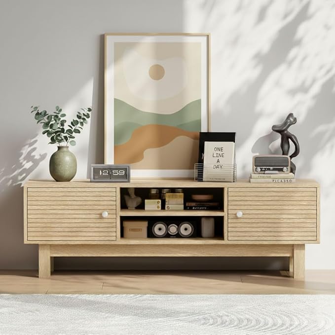 YOSHOOT Mid Century TV Stand for 55 inch TVs, Modern Entertainment Center with Storage Cabinets, Solid Wood Media Console with Open Shelves for Living Room & Bedroom, Natural
