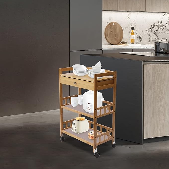 Bamboo Home Kitchen Island Trolley with Storage Drawer Stand 3 Tiers Shelves Cart Mobile Kitchen Utility Cart Storage Shelf Rack for Dining Room