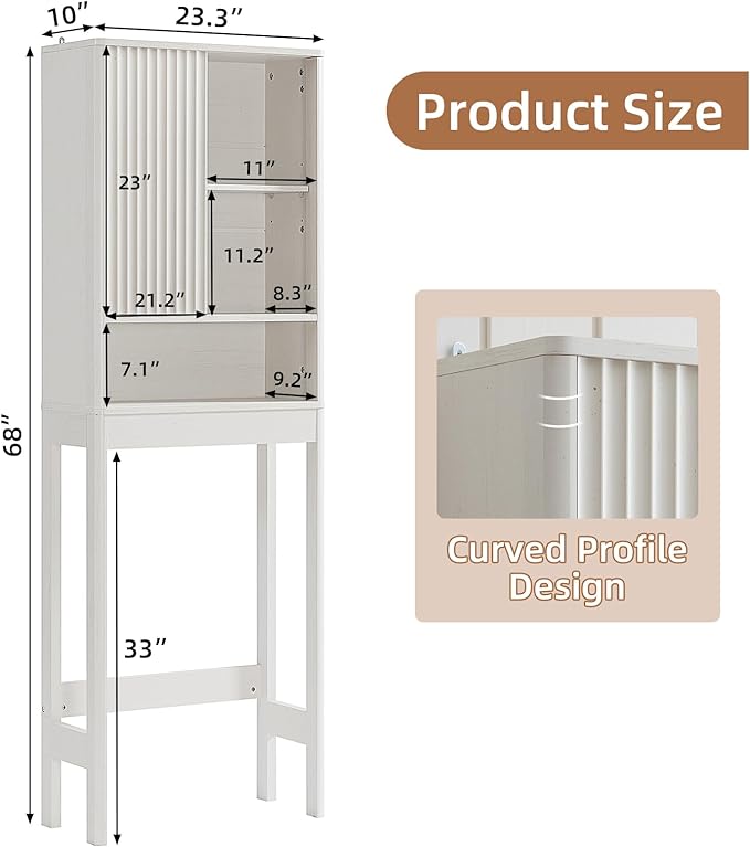 LEYAOYAO Fluted Over The Toilet Storage Cabinet, Farmhouse Over Toilet Bathroom Organizer with a Sliding Door, 68" Tall Freestanding Washer Shelf with Adjustable Shelf & Curved Profile,White