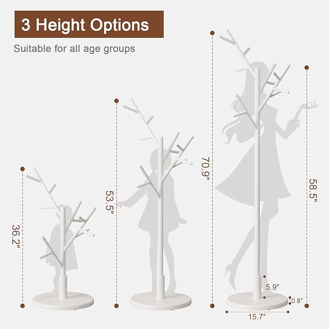 Muwuele Coat Rack, Solid Wood Coat Rack Freestanding with 12 Hooks, Coat tree freestanding 3 Adjustable Heights for coat, Hats, Handbags，Coat Stand for Entryway,Bedroom (White)