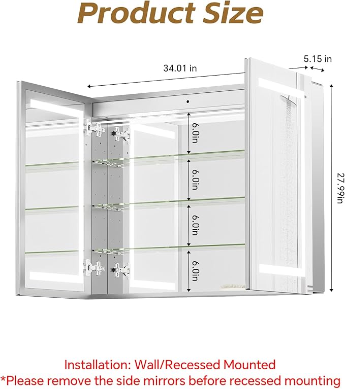 Double-Side LED Medicine Cabinet Mirror for Bathroom, Lighted Medicine Cabinet with 5 Mirrors, Interior Sensor Light, Dimmable, Anti-Fog, Outlets, Recessed or Wall Mount Aluminum Mirror Cabinet, 34x28