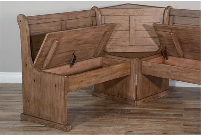 Pemberly Row 75" x 56" Farmhouse Wood Breakfast Nook Set with Table, Lift Seats, Hidden Storage, Reversible Benches, for Small Spaces, in Buckskin/Taupe Brown Finish