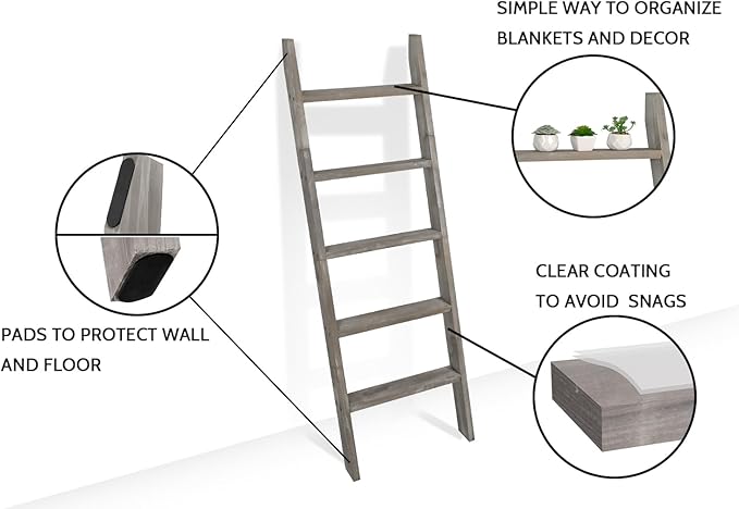 FUIN 5ft (58") Wood Blanket Ladder Living Room Decorative Wall Leaning Farmhouse Quilt Display Holder Shelf Rustic Wooden Towel Rack for Bathroom, Grey