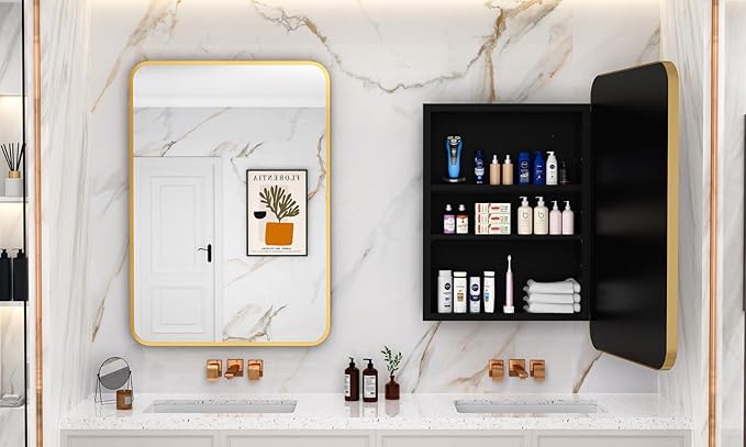 ACEMIRO 24x30 Inch Bathroom Medicine Cabinet with Mirror Gold Metal Framed Recessed or Surface Wall Mounted Mirrored Medicine Cabinets for Bathroom