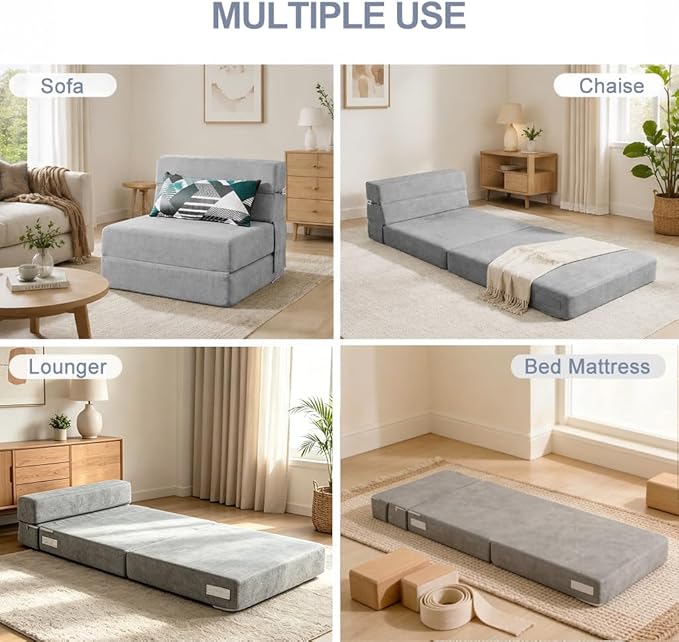 ANONER Folding Sofa Bed Couch Memory Foam Fold Out Chair Bed with Pillow, Single Size Convertible Sofa Bed Futon Sleeper Chair, Light Gray