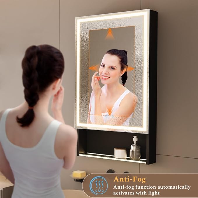 20"×34" Lighted Medicine Mirror Cabinet with Storage Adjustable Brightness 3 Color Temperature Lighting Anti-Fog Sturdy Aluminum Medicine Cabinet with Lights 2 Socket & 2 USB Ports & Adjustable Shelf