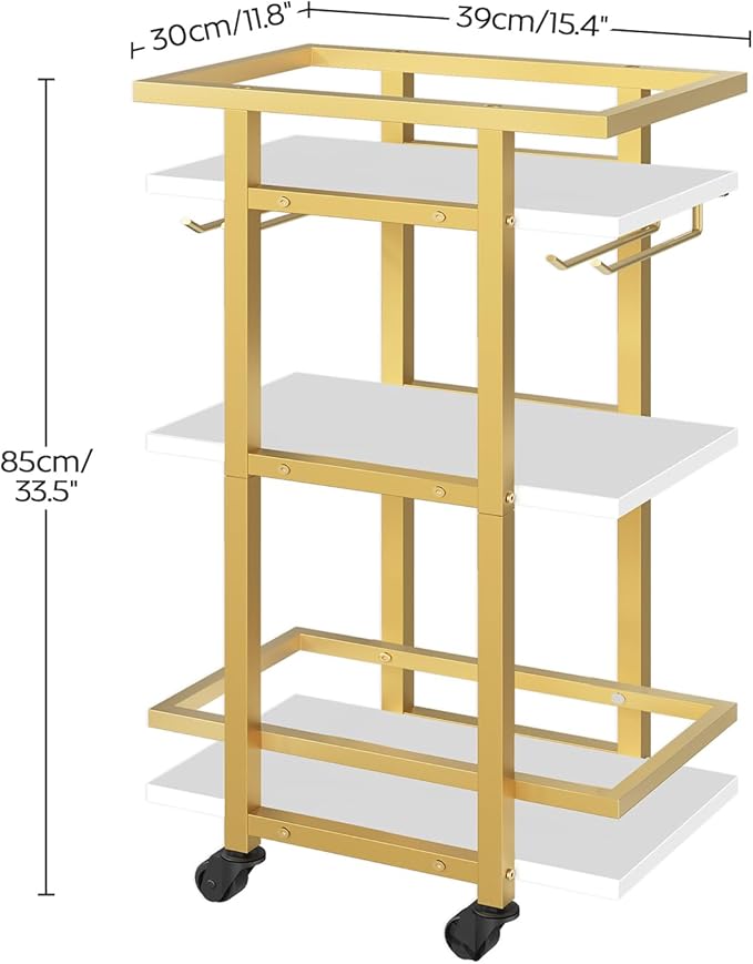 YATINEY 3 Tier Bar Cart, Home Bar Serving Cart with Wheels, Drink Cart with Glass Holder, Beverage Cart, Mobile Kitchen Cart, for Home, Garden, Party, Gold BC09DW