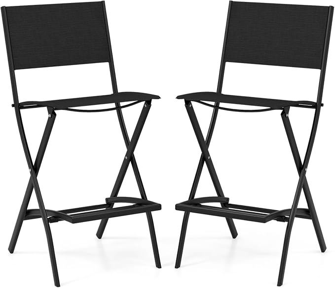 COSTWAY Outdoor Patio Bar Chair Set of 2, Folding Counter Height Stool with Metal Frame & Footrest, Patio Bar Stool for Balcony, Garden & Poolside (2, Black)