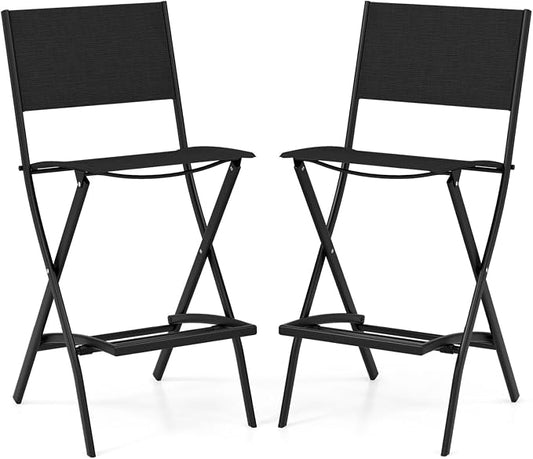 COSTWAY Outdoor Patio Bar Chair Set of 2, Folding Counter Height Stool with Metal Frame & Footrest, Patio Bar Stool for Balcony, Garden & Poolside (2, Black)