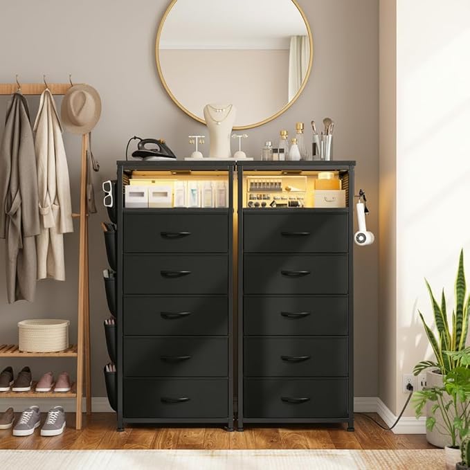 EnHomee Nightstands Set of 2 with 5 Drawers, Black Dresser with Charging Station and LED Light, Tall Nightstand with Extra Side Bag & Hooks, Bedroom, Closet, Hallway, Entryway, Black