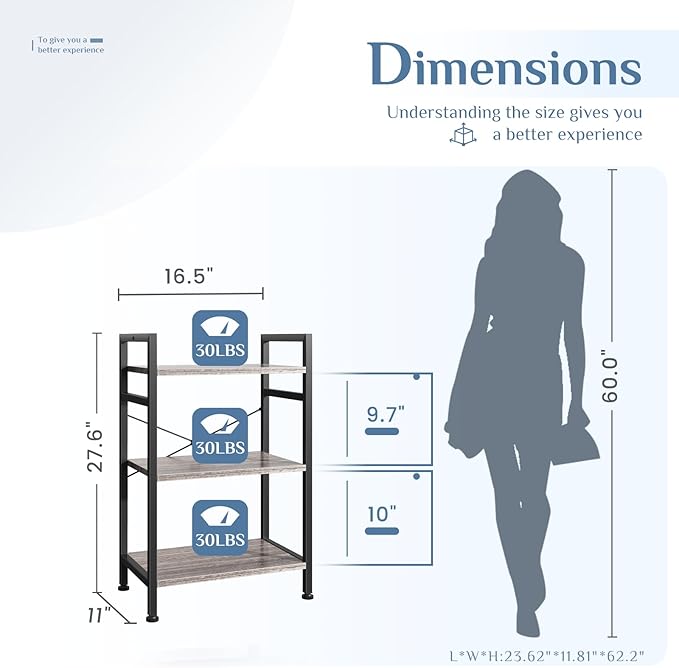 DUMOS 3 Tiers Open Bookshelf, Classic Freestanding Tall Display Shelf, Multifunctional Storage Organizer Rack for Living Room Home Office, Sturdy Bookcase for CDs/Books/Movies, Wood Grey