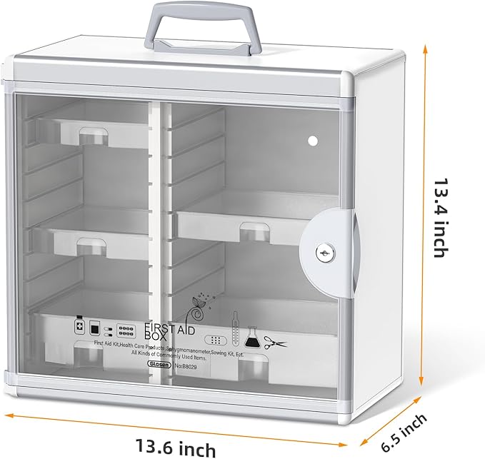 Glosen Lockable Medicine Cabinet with 5 Removable Trays, Wall Mounted & Portable Locking Medicine Cabinet Organizer with Key Lock for Home, Bathroom, Office - Aluminum Frame(13.6x6.5x12.4Inch)