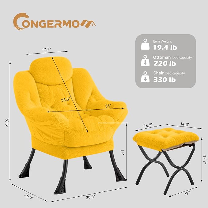 Lazy Chair with Folding Ottoman,Leisure Sofa Chair,Soft Fabric Armchair with Armrests and Side Pockets, Reading Chair with Footrest for Living Room, Bedroom, Office (Plush Yellow)