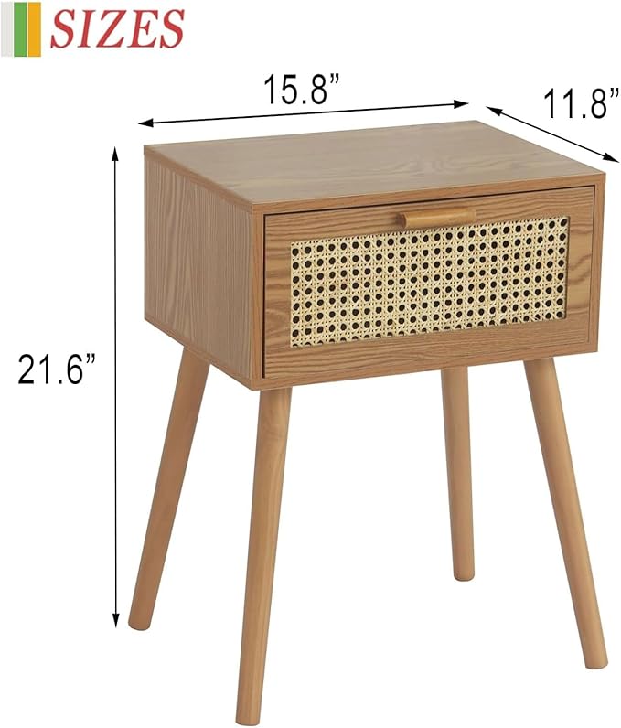 AWASEN Mid Century Nightstand, Rattan Side Table with Drawer, Modern Bedside Table with Storage and Solid Wood Legs for Living Room, Bedroom and Small Space (Brown)