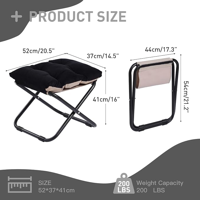 LITA Folding Footrest Stool, Portable Ottoman Foot Rest, Upholstered Small Foldable Ottoman with Detachable Thick Cotton Cushion Padded Sofa Stool for Living Room, Bedroom, Velvet Black Set